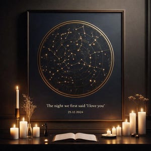 Könnte beinhalten: Gerahmtes Kunstwerk mit einer goldenen Sternenkarte auf dunkelblauem Hintergrund. Der Text "The night we first said 'I love you' 25.12.2024" ist darunter zu sehen. Mehrere brennende Kerzen beleuchten die Szene.