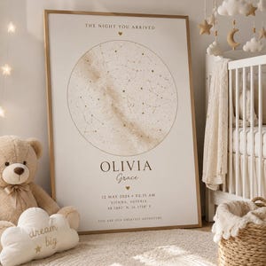 Puede incluir: Un póster enmarcado con un diseño de mapa estelar, personalizado con el nombre "OLIVIA Grace", fecha, hora y lugar. El póster tiene un marco dorado e incluye el texto "THE NIGHT YOU ARRIVED" y "YOU ARE OUR GREATEST ADVENTURE".