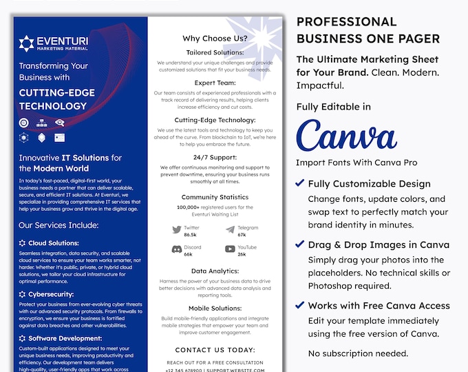 SaaS Template Canva | B2B Software Sell Sheet | Tech Startup Pitch Flyer | Product Marketing Pager