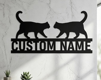 Custom Cat Name Sign, Personalized Metal Cat Art, Two Cats Wall Decor for Pet Lovers, Unique Anniversary Gift for Her