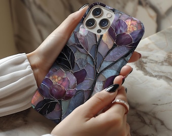 Funda para iPhone con diseño floral gótico, mosaico de vitrales morado y botánico para iPhone 17, 16, 15, 14, 13 y 12 Pro Max