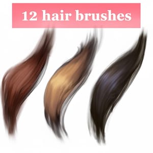 Puede incluir: Imagen de tres trazos estilizados de cepillo para el cabello en tonos marrón, dorado y marrón oscuro. El texto "12 hair brushes" se muestra en una pancarta rectangular rosa en la parte superior de la imagen.