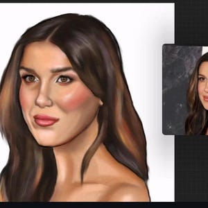 Może przedstawiać: Cyfrowy obraz kobiety z długimi, falistymi brązowymi włosami i jasną sk&oacute;rą. Portret charakteryzuje się miękkimi, ciepłymi tonami z r&oacute;żowymi policzkami i ustami. Mniejszy obraz kobiety znajduje się w prawym g&oacute;rnym rogu.