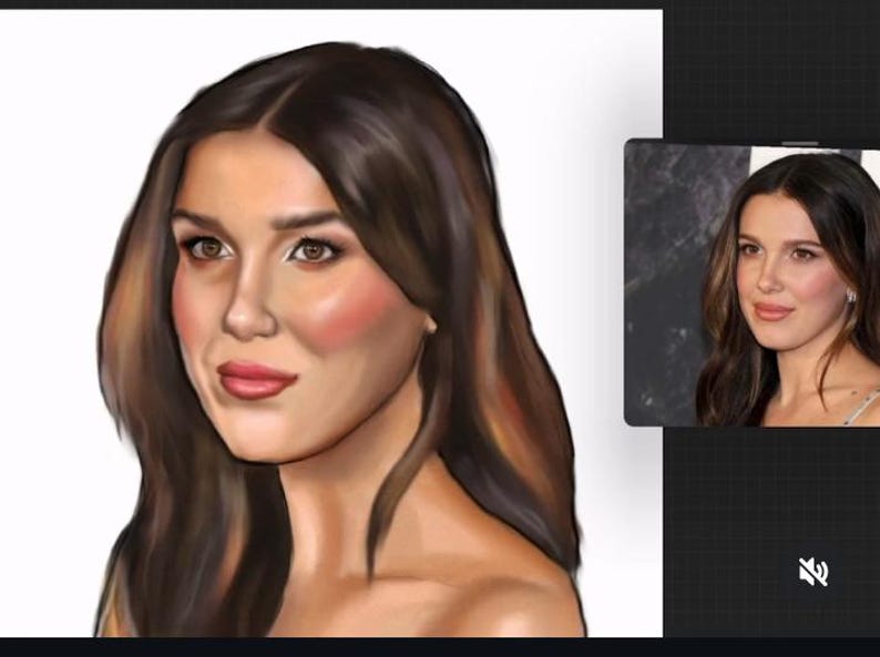 Może przedstawiać: Cyfrowy obraz kobiety z długimi, falistymi brązowymi włosami i jasną sk&oacute;rą. Portret charakteryzuje się miękkimi, ciepłymi tonami z r&oacute;żowymi policzkami i ustami. Mniejszy obraz kobiety znajduje się w prawym g&oacute;rnym rogu.