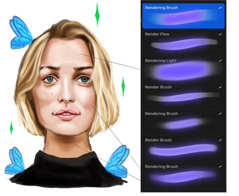Może przedstawiać: Cyfrowy portret kobiety z blond włosami, niebieskimi skrzydłami motyla i zielonymi diamentowymi akcentami. Interfejs programu do grafiki cyfrowej wyświetla opcje pędzla do renderowania, w tym "Render Flow" i "Rendering Light".