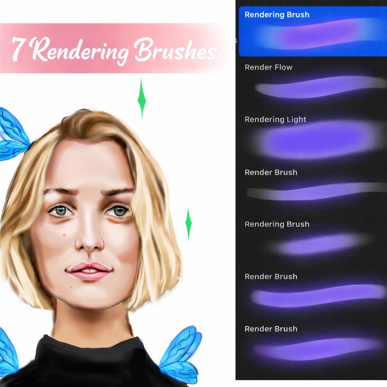 Może przedstawiać: Ilustracja cyfrowa przedstawiająca kobietę z blond włosami i niebieskimi skrzydłami motyla. Obraz zawiera tekst "7 Rendering Brushes" oraz przykłady pędzli do renderowania cyfrowego z nazwami takimi jak "Render Flow" i "Rendering Light."
