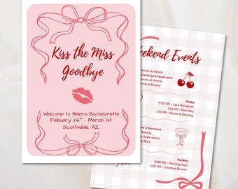 Kiss the Miss Goodbye Bachelorette Itinerary | Editable Canva Template | Printable Bachelorette Weekend Schedule | Digital Download