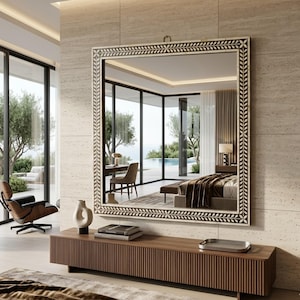 Specchio rettangolare con intarsi in osso realizzati a mano, specchio da parete con motivo floreale a vite, cornice bianca e nera, decorazione per l'ingresso e la toeletta.