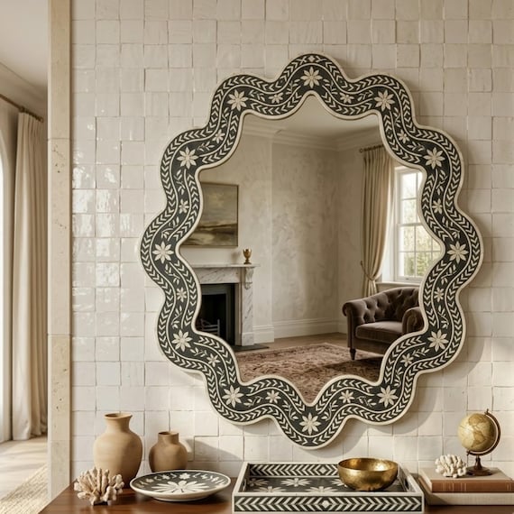 Handmade Bone Inlay Scalloped Mirror, Moroccan Floral Frame, Decorative Wall Accent
