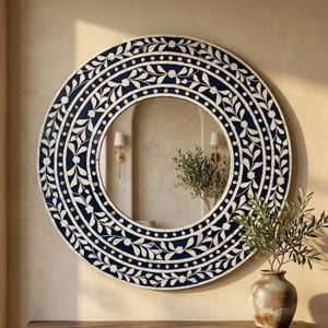 Specchio rotondo con intarsi in osso fatti a mano, specchio da parete con motivo floreale blu, decorazione per bagno e ingresso.