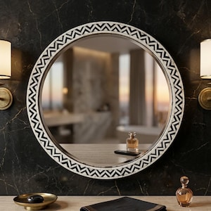 Handmade Bone Inlay Round Mirror, Black Chevron Pattern Wall Mirror, Bathroom Vanity Decor, Artisan Made Accent