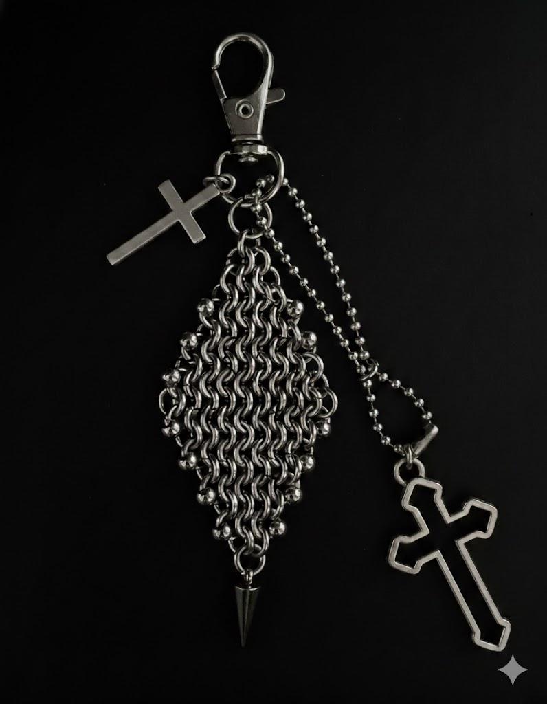 Mesh Keychain Gothic Chainmail Keychain – Spiked Mesh Cross Charm, Handmade Dark EDC ...