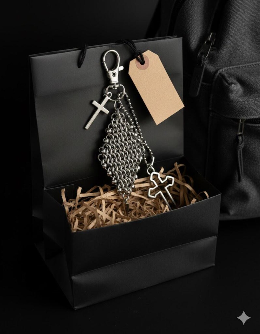 Mesh Keychain Gothic Chainmail Keychain – Spiked Mesh Cross Charm, Handmade Dark EDC ...