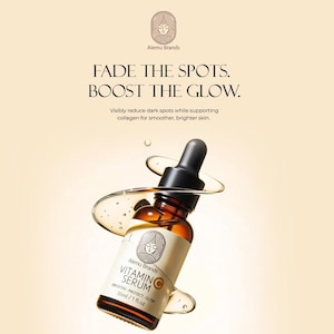K&ouml;nnte beinhalten: Eine braune Glasflasche Vitamin C Serum mit einer schwarzen Pipette, umgeben von einer klaren Fl&uuml;ssigkeit. Das Etikett lautet "Alemu Brands Vitamin C Serum" und "Fade the Spots. Boost the Glow."