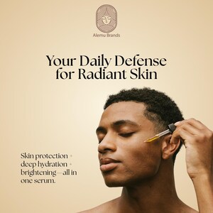K&ouml;nnte beinhalten: Eine Person tr&auml;gt mit einer Pipette Serum auf ihr Gesicht auf. Das Bild enth&auml;lt den Text "Your Daily Defense for Radiant Skin" und "Skin protection + deep hydration + brightening&mdash;all in one serum."