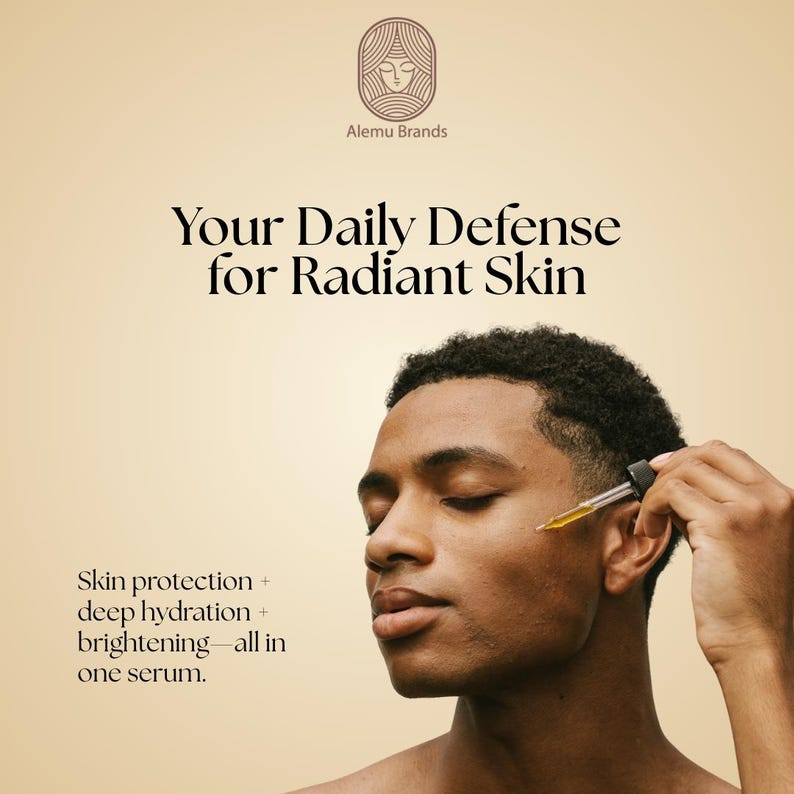 K&ouml;nnte beinhalten: Eine Person tr&auml;gt mit einer Pipette Serum auf ihr Gesicht auf. Das Bild enth&auml;lt den Text "Your Daily Defense for Radiant Skin" und "Skin protection + deep hydration + brightening&mdash;all in one serum."
