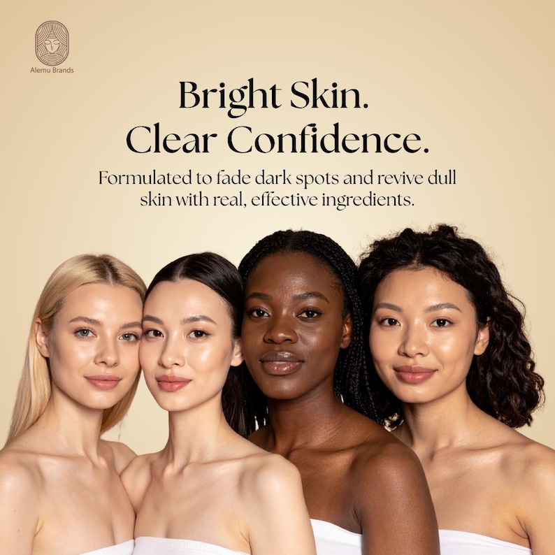 Op de afbeelding: Een advertentie met vier vrouwen met verschillende huidtinten. De tekst luidt: "Bright Skin. Clear Confidence." en "Geformuleerd om donkere vlekken te vervagen en een doffe huid te revitaliseren met echte, effectieve ingredi&euml;nten."