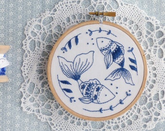 Ocean Fish Embroidery kit - Christmas Gift for friend, Blue wall art, Hand embroidery, Christmas gift for her, Diy kit, Blue white