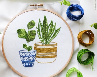 Blue & Green Houseplants - Botanical embroidery, Embroidery kit, Green embroidery, Hand embroidery, Diy kit,Embroidery art, Broderie