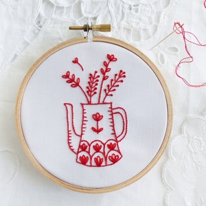 Red Vase Redwork embroidery, Embroidery kit beginner, Christmas embroidery, Embroidery hoop art, Christmas gift for her, Redwork patterns image 1