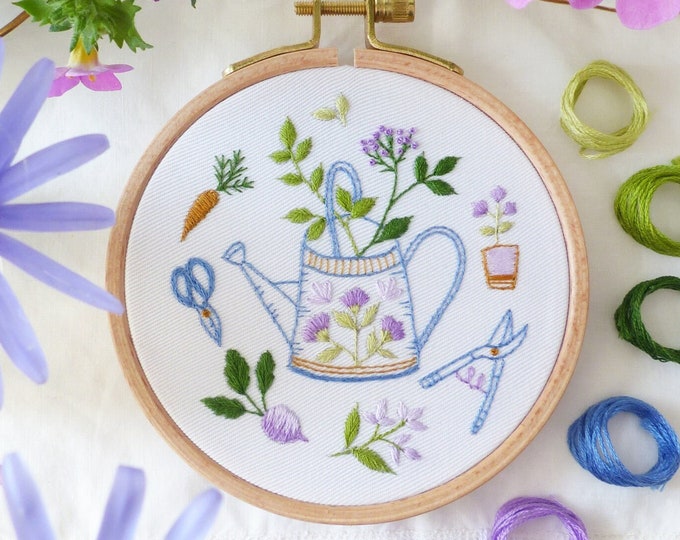 Garden Tools - Embroidery kit, flowers embroidery, love plants Embroidery, Embroidery Hoop, botanical embroidery, Gardening Embroidery