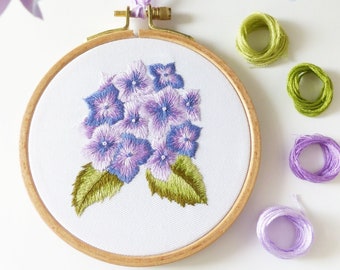 Mini Purple Hortensia - Embroidery kit, flower embroidery, Hydrangea Embroidery, Embroidery Hoop Art, Tamar Nahir, botanical embroidery