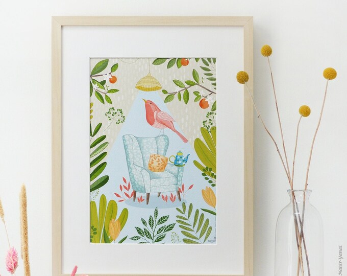 Tea Bird Wall Décor, A4 Print, Living Room Wall Art, Kitchen Wall Décor