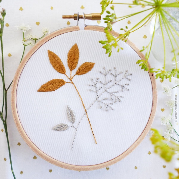 Gold & Gray Leaves - Embroidery kit beginner, Wedding embroidery, Wall Decor, Embroidery Hoop Art, Tamar Nahir