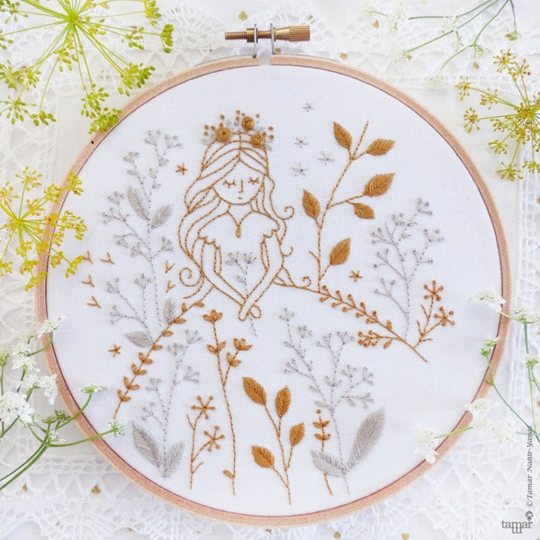 Gold & Gray Princess - Modern hand embroidery, Embroidery kit, Wall Decor, Hand embroidery, Diy kit