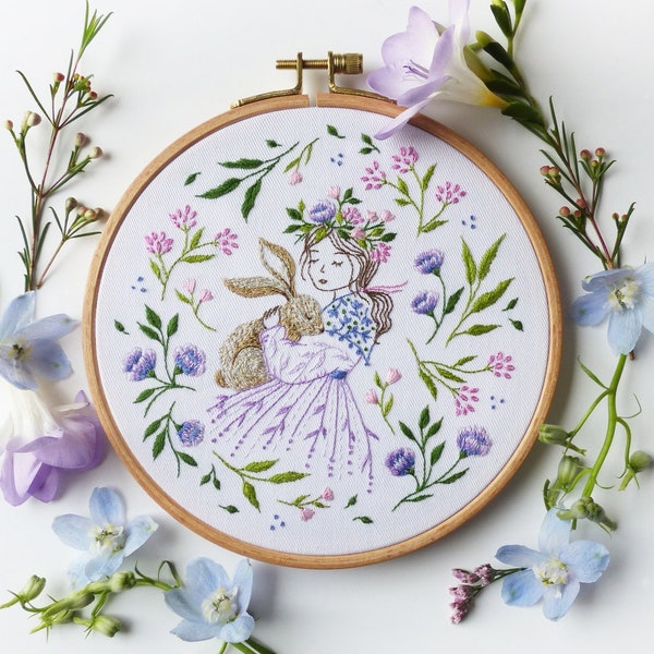 Mon lapin de Pâques - Kit de bricolage, Kit de broderie, Broderie de fleurs, Broderie botanique, Art botanique, Broderie de Pâques, Kit de couture