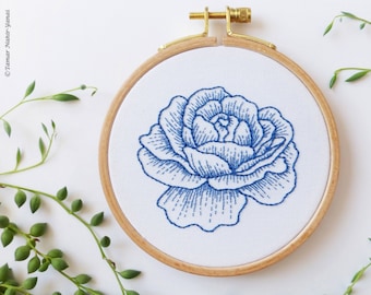 The Blue Rose - Embroidery kit, Christmas gift idea, Thank you mom, Embroidery Hoop Art, Diy Kit, Tamar Nahir, delft, botanical embroidery