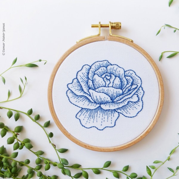 The Blue Rose - Embroidery kit, Christmas gift idea, Thank you mom, Embroidery Hoop Art, Diy Kit, Tamar Nahir, delft, botanical embroidery