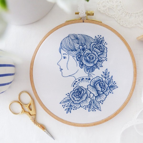 Blue Rose Lady - Blue wall art, Hand embroidery, Blue white, Embroidery kit, Embroidery hoop art, Embroidery craft, Rose