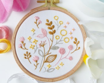 Yellow Pink Flowers - Embroidery Kit, Flowers wall art, Flowers Diy Kit, Diy Gift, Yellow Embroidery, Love Decor Embroidery, DMC embroidery