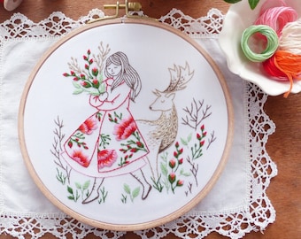 Festive Lady and Deer - Embroidery Art Kit, Creative Diy, Craft Kit, Christmas Embroidery Gift,  Deer Embroidery, Winter Decor Diy