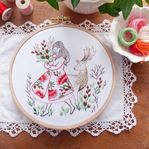 Festive Lady and Deer - Embroidery Art Kit, Creative Diy, Craft Kit, Christmas Embroidery Gift,  Deer Embroidery, Winter Decor Diy