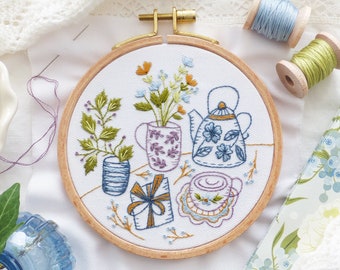 Tea Party - Embroidery kit, Tea embroidery, Kitchen Wall Art, Autumn Kettle embroidery, Gardening Embroidery, Tea Pot