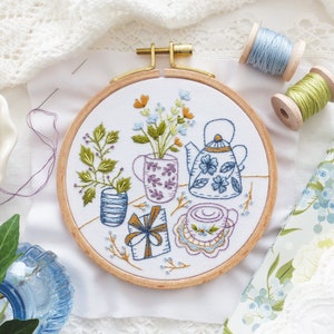 Tea Party - Embroidery kit, Tea embroidery, Kitchen Wall Art, Autumn Kettle embroidery, Gardening Embroidery, Tea Pot