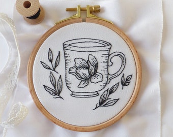 Floral Tea Cup - Embroidery Kit, Black Embroidery, Winter Diy Kit, Diy Gift, Cup Embroidery, Tea Embroidery