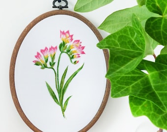 Pink Freesia - Embroidery kit, Leaves embroidery, Botanical embroidery, Botanical Art, Green flowers, Needlecraft kit