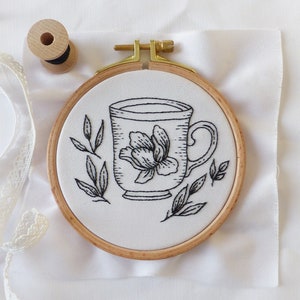 Floral Tea Cup Embroidery Kit, Black Embroidery, Winter Diy Kit, Diy Gift, Cup Embroidery, Tea Embroidery image 1