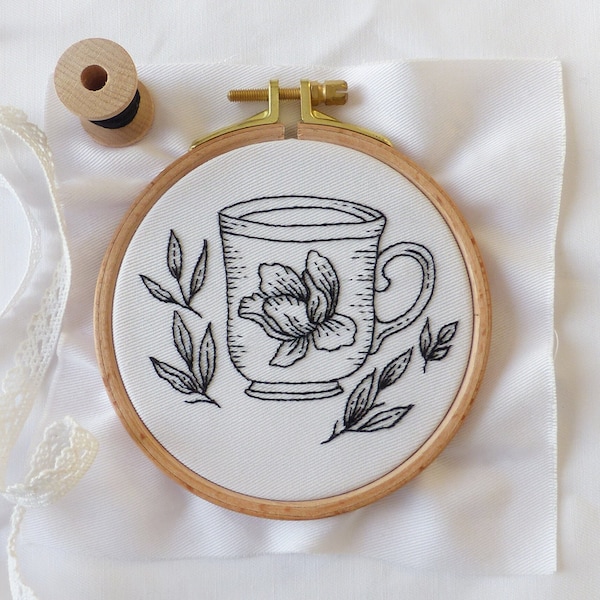 Floral Tea Cup - Embroidery Kit, Black Embroidery, Winter Diy Kit, Diy Gift, Cup Embroidery, Tea Embroidery