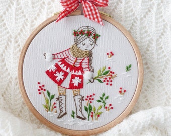 Snowy Girl -  Embroidery Kit, Winter Christmas Embroidery, Christmas Diy Kit, Diy Gift, Christmas Hoop Art, Christmas Decor Embroidery