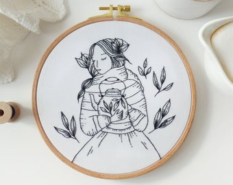 Tea Time Lady - Black Embroidery Art Kit, Creative Diy, Kettle embroidery Kit, Tea Embroidery Gift, Wall Art Embroidery, Winter Decor Diy