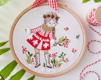 Snowy Girl -  Embroidery Kit, Winter Christmas Embroidery, Christmas Diy Kit, Diy Gift, Christmas Hoop Art, Christmas Decor Embroidery