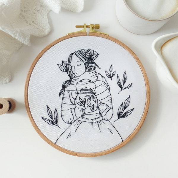 Tea Time Lady - Black Embroidery Art Kit, Creative Diy, Kettle embroidery Kit, Tea Embroidery Gift, Wall Art Embroidery, Winter Decor Diy