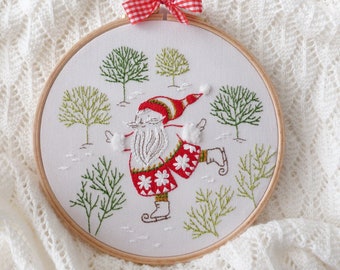 Skating Santa - Embroidery Art Kit, Creative Diy, Craft Kit, Christmas Embroidery Gift, Wall Art Embroidery, Winter Decor Diy