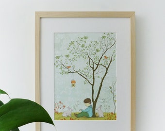 Print original art, room decor - Tree and rabbit