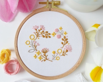 Yellow Pink Heart - Embroidery Kit, Heart wall art, Flowers Diy Kit, Diy Gift, Heart Embroidery , Love Decor Embroidery, Valentine gift