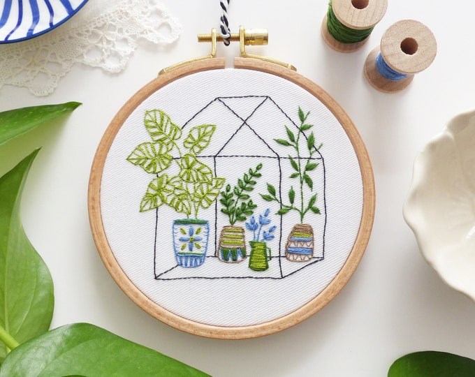 Tiny Greenhouse - Embroidery kit, plants embroidery, love plants Embroidery, botanical embroidery, Gardening Embroidery, Greenhouse